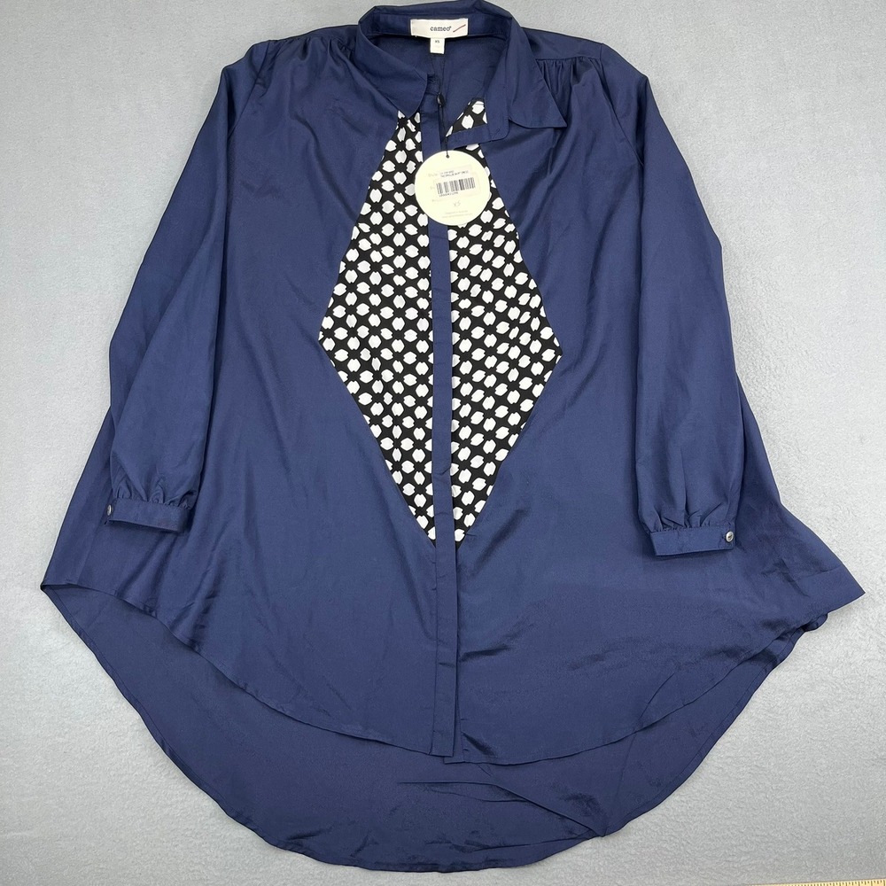 Cameo Theophilus Shirt Dress Navy Blue Diamond Print High Low Womens XS New